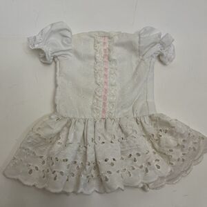 Vintage White Eyelet Lace Dress with Pink ribbon Ruffled Sleeve  Doll Dress
